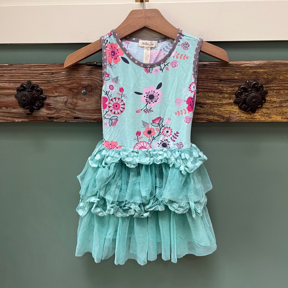 Matilda Jane Girls Aqua Floral Tiered Tulle Ruffle Dress Size 2 2T Sleeveless